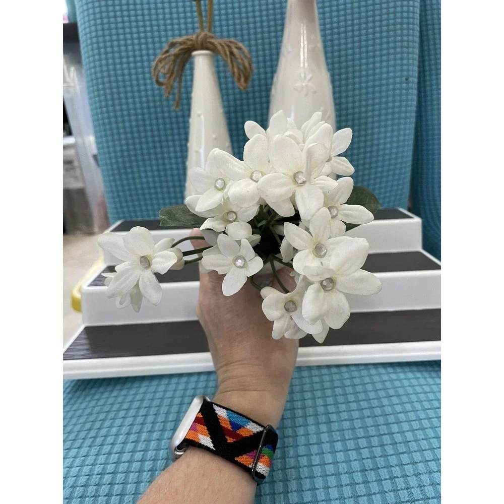 Farmhouse Style White Vases With Faux Flower Floral Painted Set Of 3